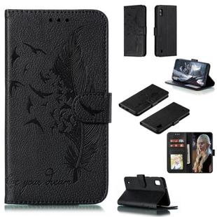 Feather Pattern Litchi Texture Horizontal Flip Leather Case with Wallet & Holder & Card Slots For Galaxy A10(Black)