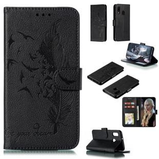 Feather Pattern Litchi Texture Horizontal Flip Leather Case with Wallet & Holder & Card Slots For Galaxy A20e(Black)