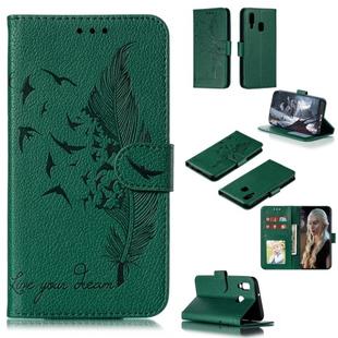 Feather Pattern Litchi Texture Horizontal Flip Leather Case with Wallet & Holder & Card Slots For Galaxy A40(Green)