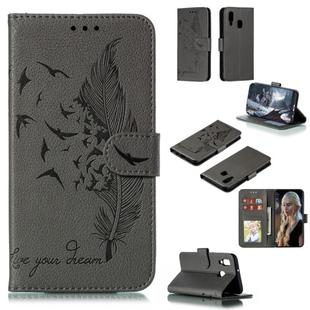 Feather Pattern Litchi Texture Horizontal Flip Leather Case with Wallet & Holder & Card Slots For Galaxy A40(Gray)