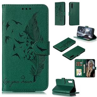Feather Pattern Litchi Texture Horizontal Flip Leather Case with Wallet & Holder & Card Slots For Galaxy A50(Green)