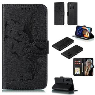 Feather Pattern Litchi Texture Horizontal Flip Leather Case with Wallet & Holder & Card Slots For Galaxy A60(Black)