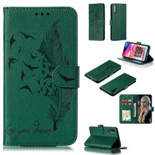 Feather Pattern Litchi Texture Horizontal Flip Leather Case with Wallet & Holder & Card Slots For Galaxy A70(Green)