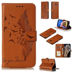 Feather Pattern Litchi Texture Horizontal Flip Leather Case with Wallet & Holder & Card Slots For Galaxy J4+(Brown)