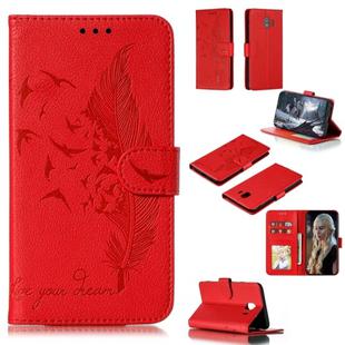 Feather Pattern Litchi Texture Horizontal Flip Leather Case with Wallet & Holder & Card Slots For Galaxy J4 (2018)(Red)