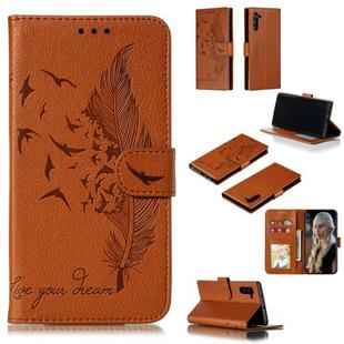 Feather Pattern Litchi Texture Horizontal Flip Leather Case with Wallet & Holder & Card Slots For Galaxy Note 10(Brown)