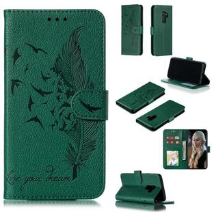 Feather Pattern Litchi Texture Horizontal Flip Leather Case with Wallet & Holder & Card Slots For Galaxy S9+(Green)