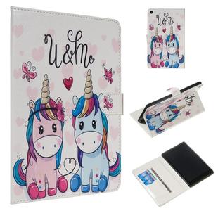 For Amazon Kindle HD8 2016 / 2017 / 2018 Colored Drawing Pattern Horizontal Flip PU Leather Case with Holder & Card Slots(Couple Unicorn)