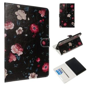 For Amazon Kindle HD8 2016 / 2017 / 2018 Colored Drawing Pattern Horizontal Flip PU Leather Case with Holder & Card Slots(Black Backgroud Flower)
