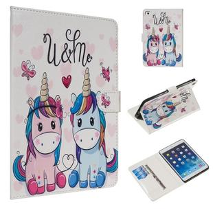 For iPad mini 5 / 4 / 3 / 2 / 1 Colored Drawing Pattern Horizontal Flip PU Leather Case with Holder & Card Slots(Couple Unicorn)