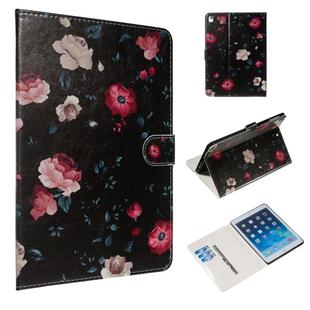 For iPad Air / Air 2 / iPad Pro 9.7 (2016) / iPad 9.7 (2017) / iPad 9.7 (2018) Colored Drawing Pattern Horizontal Flip PU Leather Case with Holder & Card Slots(Black Backgroud Flower)