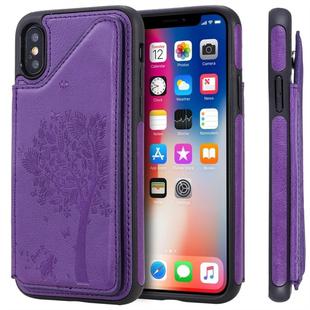 For iPhone X Cat Tree Embossing Pattern Shockproof Protective Case with Card Slots & Photo Frame(Purple)