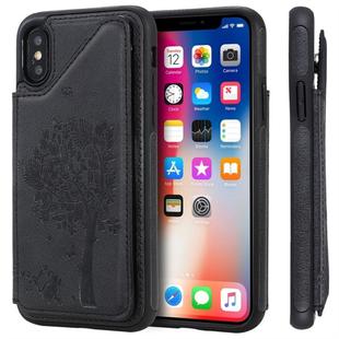 For iPhone X Cat Tree Embossing Pattern Shockproof Protective Case with Card Slots & Photo Frame(Black)