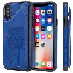 For iPhone X Cat Tree Embossing Pattern Shockproof Protective Case with Card Slots & Photo Frame(Blue)