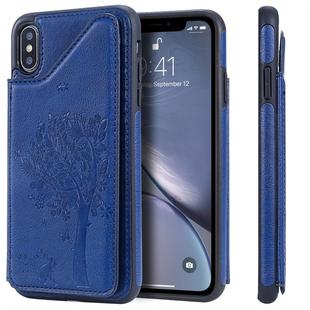 For iPhone XS Max Cat Tree Embossing Pattern Shockproof Protective Case with Card Slots & Photo Frame(Blue)