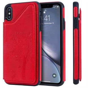 For iPhone XS Max Cat Tree Embossing Pattern Shockproof Protective Case with Card Slots & Photo Frame(Red)