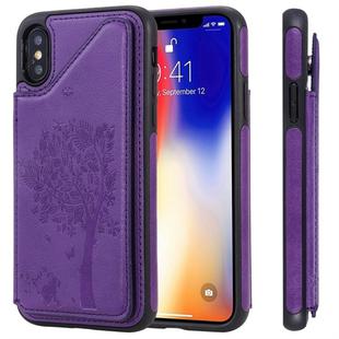 For iPhone XS Cat Tree Embossing Pattern Shockproof Protective Case with Card Slots & Photo Frame(Purple)