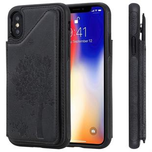 For iPhone XS Cat Tree Embossing Pattern Shockproof Protective Case with Card Slots & Photo Frame(Black)