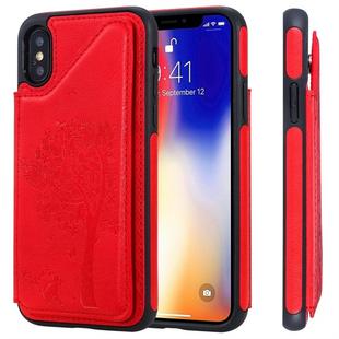 For iPhone XS Cat Tree Embossing Pattern Shockproof Protective Case with Card Slots & Photo Frame(Red)