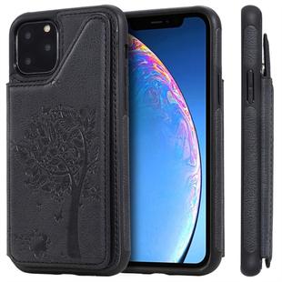 For iPhone 11 Pro Cat Tree Embossing Pattern Shockproof Protective Case with Card Slots & Photo Frame(Black)