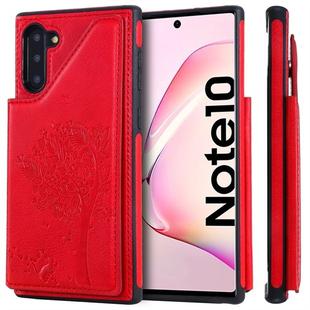 For Galaxy Note 10 Cat Tree Embossing Pattern Shockproof Protective Case with Card Slots & Photo Frame(Red)