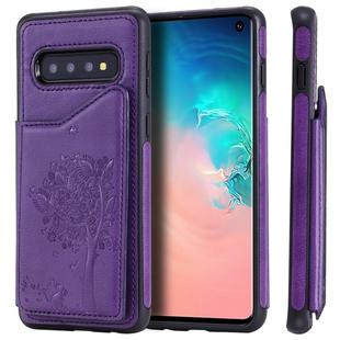 For Galaxy S10 Cat Tree Embossing Pattern Shockproof Protective Case with Card Slots & Photo Frame(Purple)