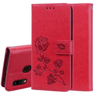 For Galaxy A20e Pressed Printing Rose Pattern Horizontal Flip PU Leather Case with Holder & Card Slots & Wallet(Red)