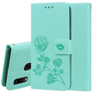 For Galaxy A20e Pressed Printing Rose Pattern Horizontal Flip PU Leather Case with Holder & Card Slots & Wallet(Green)