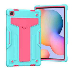 For Samsung Galaxy Tab A7 10.4 (2020) T-shaped Bracket Contrast Color Shockproof PC + Silicone Protective Case(Mint Green+Rose Red)