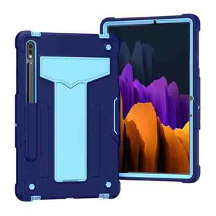 For Samsung Galaxy Tab S8 / Galaxy Tab S7 T870 / T875 T-shaped Bracket Contrast Color Shockproof PC + Silicone Protective Case(Navy+Blue)