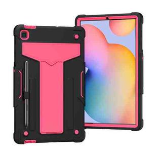 For Samsung Galaxy Tab S6 Lite P610/615 T-shaped Bracket Contrast Color Shockproof PC + Silicone Protective Case(Black+Rose Red)