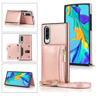 For Huawei P30 Square Zipper Wallet Bag TPU+PU Back Cover Case with Holder & Card Slots & Wallet & Cross-body Strap(Rose Gold)