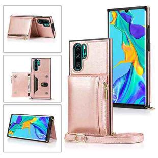 For Huawei P30 Pro Square Zipper Wallet Bag TPU+PU Back Cover Case with Holder & Card Slots & Wallet & Cross-body Strap(Rose Gold)