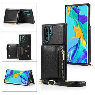 For Huawei P30 Pro Square Zipper Wallet Bag TPU+PU Back Cover Case with Holder & Card Slots & Wallet & Cross-body Strap(Black)