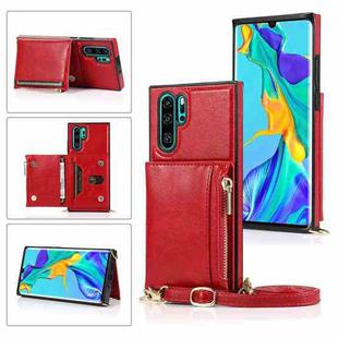For Huawei P30 Pro Square Zipper Wallet Bag TPU+PU Back Cover Case with Holder & Card Slots & Wallet & Cross-body Strap(Red)