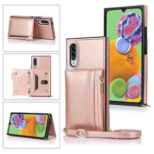 For Samsung Galaxy A90 5G Square Zipper Wallet Bag TPU+PU Back Cover Case with Holder & Card Slots & Wallet & Cross-body Strap(Rose Glod)