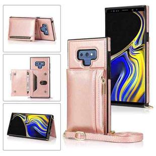 For Samsung Galaxy Note9 Square Zipper Wallet Bag TPU+PU Back Cover Case with Holder & Card Slots & Wallet & Cross-body Strap(Rose Glod)