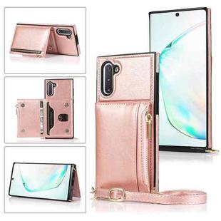 For Samsung Galaxy Note10 Square Zipper Wallet Bag TPU+PU Back Cover Case with Holder & Card Slots & Wallet & Cross-body Strap(Rose Glod)