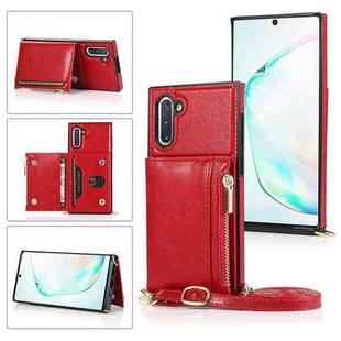 For Samsung Galaxy Note10 Square Zipper Wallet Bag TPU+PU Back Cover Case with Holder & Card Slots & Wallet & Cross-body Strap(Red)