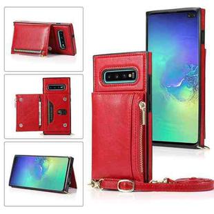 For Samsung Galaxy S10 Plus Square Zipper Wallet Bag TPU+PU Back Cover Case with Holder & Card Slots & Wallet & Cross-body Strap(Red)