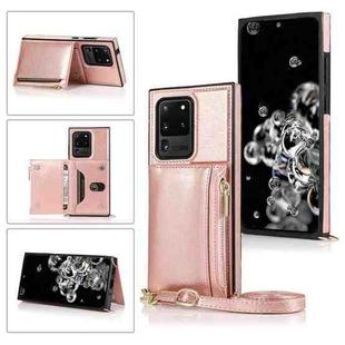 For Samsung Galaxy S20 Ultra Square Zipper Wallet Bag TPU+PU Back Cover Case with Holder & Card Slots & Wallet & Cross-body Strap(Rose Glod)