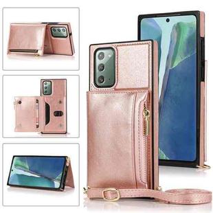 For Samsung Galaxy Note20 Square Zipper Wallet Bag TPU+PU Back Cover Case with Holder & Card Slots & Wallet & Cross-body Strap(Rose Glod)