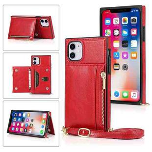 For iPhone 11 Square Zipper Wallet Bag TPU+PU Back Cover Case with Holder & Card Slots & Wallet & Cross-body Strap (Red)