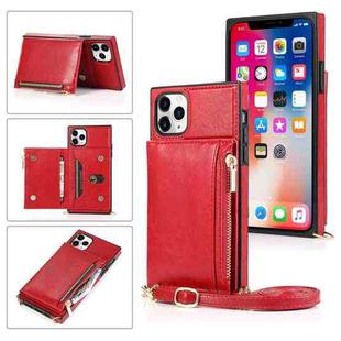 For iPhone 11 Pro Max Square Zipper Wallet Bag TPU+PU Back Cover Case with Holder & Card Slots & Wallet & Cross-body Strap (Red)