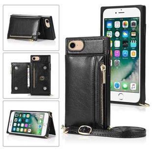 For iPhone SE 2022 / SE 2020 / 8 / 7 Square Zipper Wallet Bag TPU+PU Back Cover Case with Holder & Card Slots & Wallet & Cross-body Strap(Black)