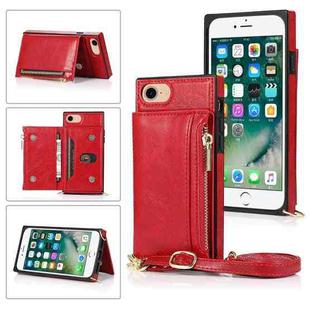 For iPhone SE 2022 / SE 2020 / 8 / 7 Square Zipper Wallet Bag TPU+PU Back Cover Case with Holder & Card Slots & Wallet & Cross-body Strap(Red)