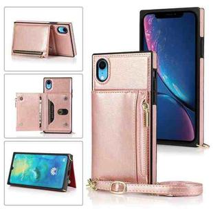 For iPhone XR Square Zipper Wallet Bag TPU+PU Back Cover Case with Holder & Card Slots & Wallet & Cross-body Strap(Rose Glod)