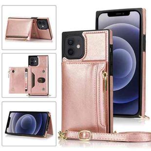 For iPhone 12 mini Square Zipper Wallet Bag TPU+PU Back Cover Case with Holder & Card Slots & Wallet & Cross-body Strap (Rose Glod)