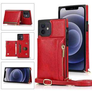 For iPhone 12 mini Square Zipper Wallet Bag TPU+PU Back Cover Case with Holder & Card Slots & Wallet & Cross-body Strap (Red)
