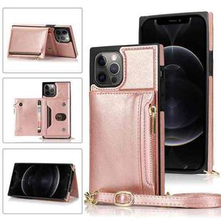 For iPhone 12 / 12 Pro Square Zipper Wallet Bag TPU+PU Back Cover Case with Holder & Card Slots & Wallet & Cross-body Strap(Rose Glod)